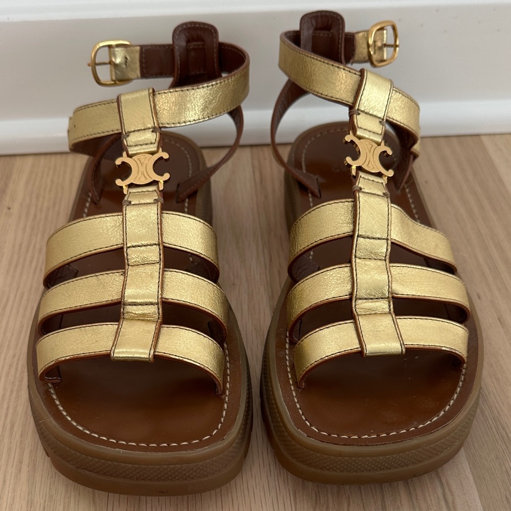 Gold Celine Triomphe Gladiator Sandals